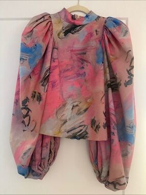 NEUBYRNE Women's Abstract Pink Puff-Sleeve Top